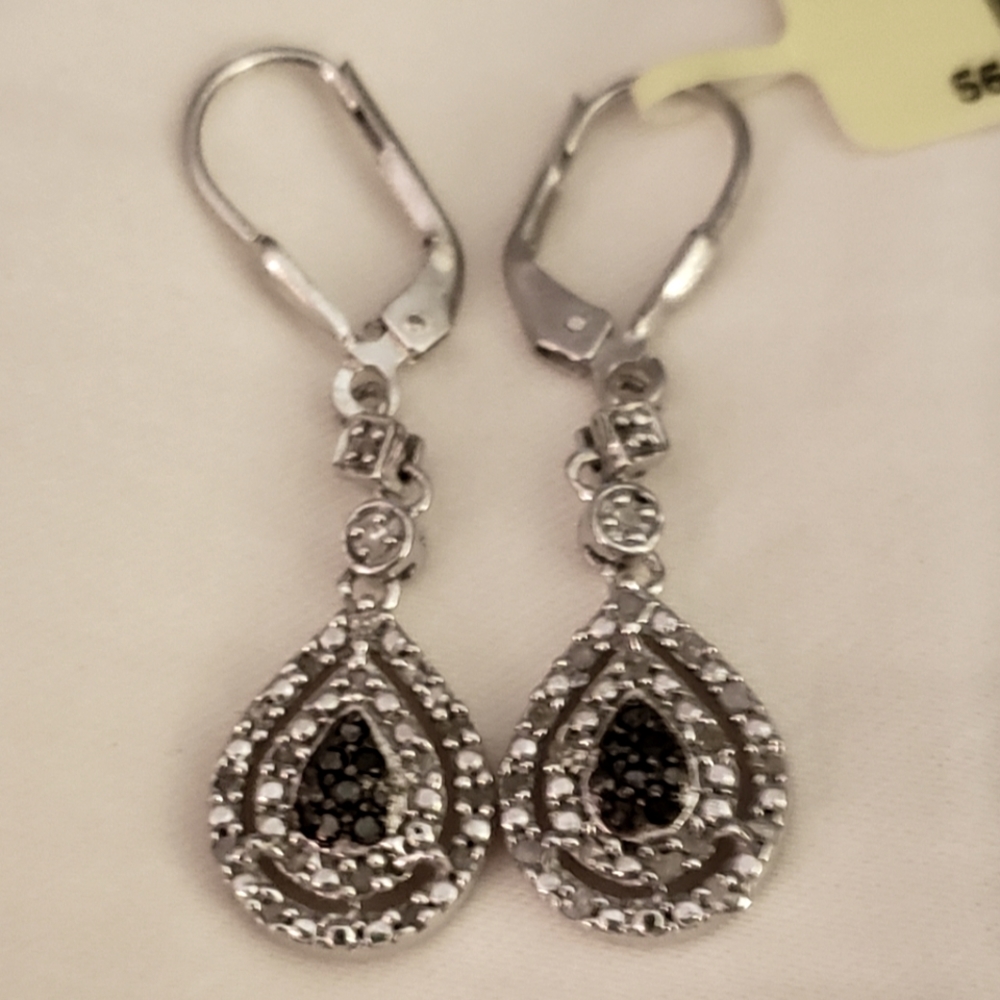Black & White Diamond Lever Back Earrings, 925 Silver, 0.33 carats, NWT